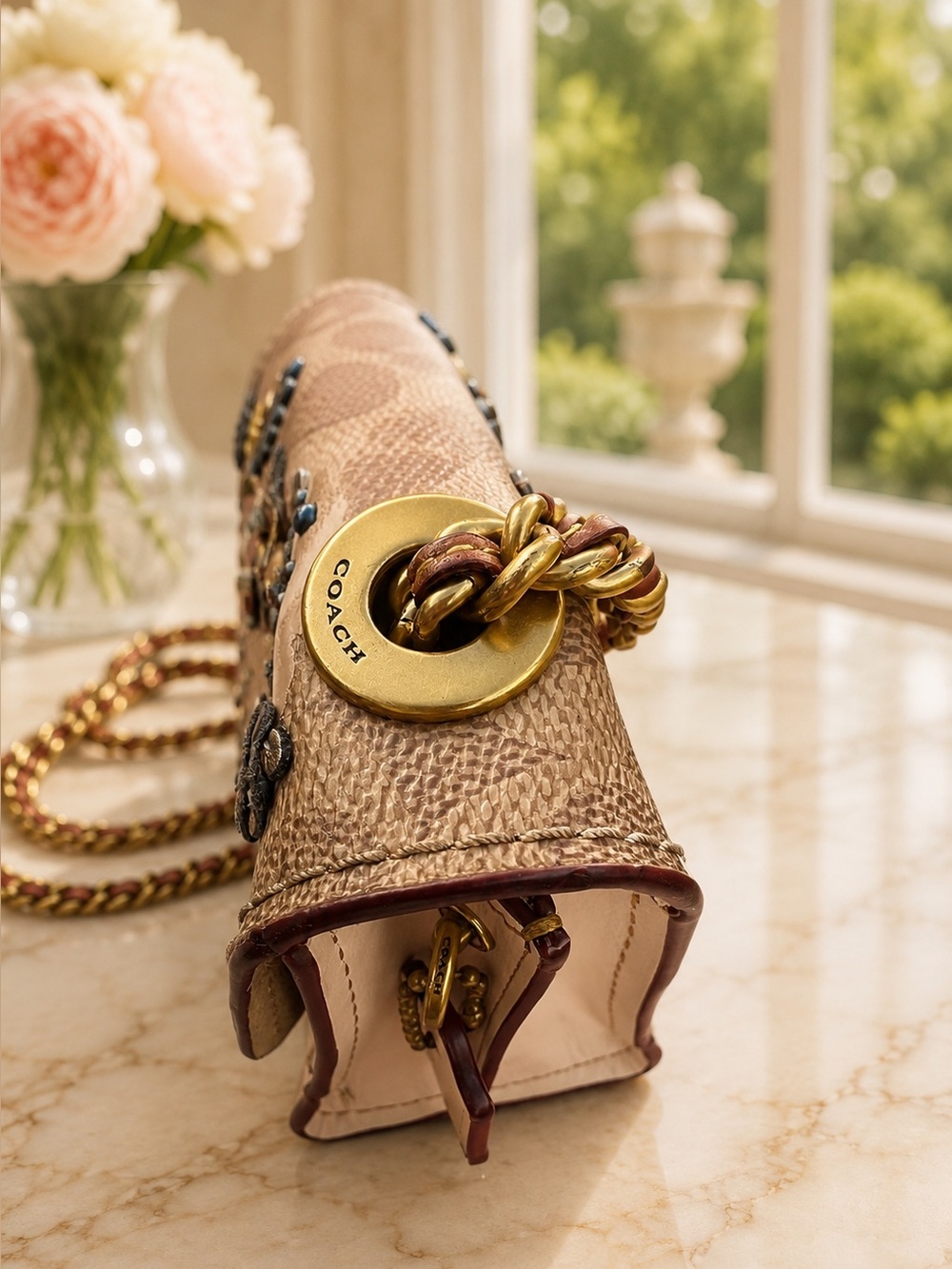 COACH Parker 18 Embellished Signature Rose Print | Tea Rose Turnlock - Picture 4 of 7